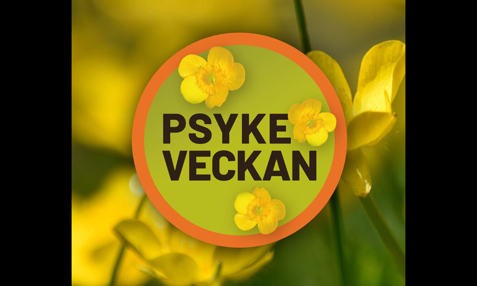 Psykeveckan i svart text på grönt fält med smörblommor i orange ring. Bakgrunden är blurrad med smörblommor även där.