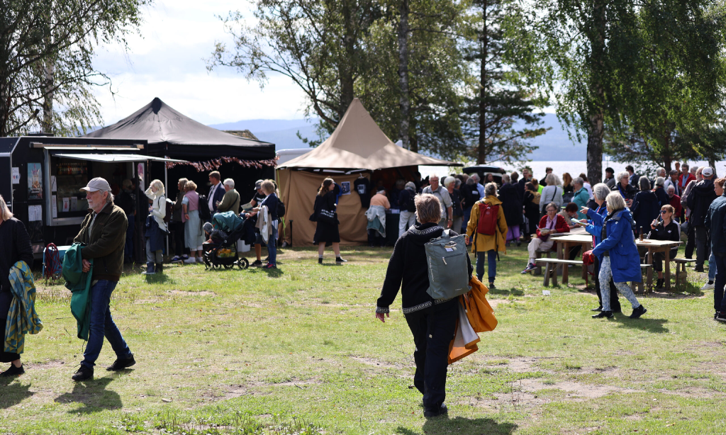 många människor på festivalen. Flera marknadstält där. träd och vatten i bakgrunden.