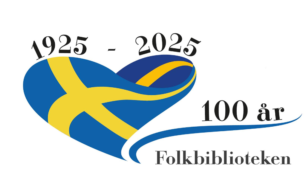 Ett hjärta med svenska flaggan som en virvel. Det står1925-2025 ovanför. På höger sida står det 100 år folkbiblioteken