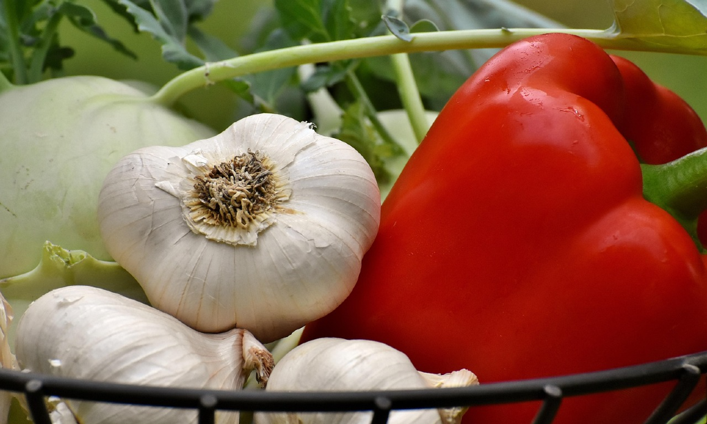 Vitlök och röd paprika i en strängkorg. Kålrabbi i bakgrunden.