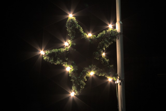 Stor grön julstjärna med ljusslinga som hänger från en stolpe